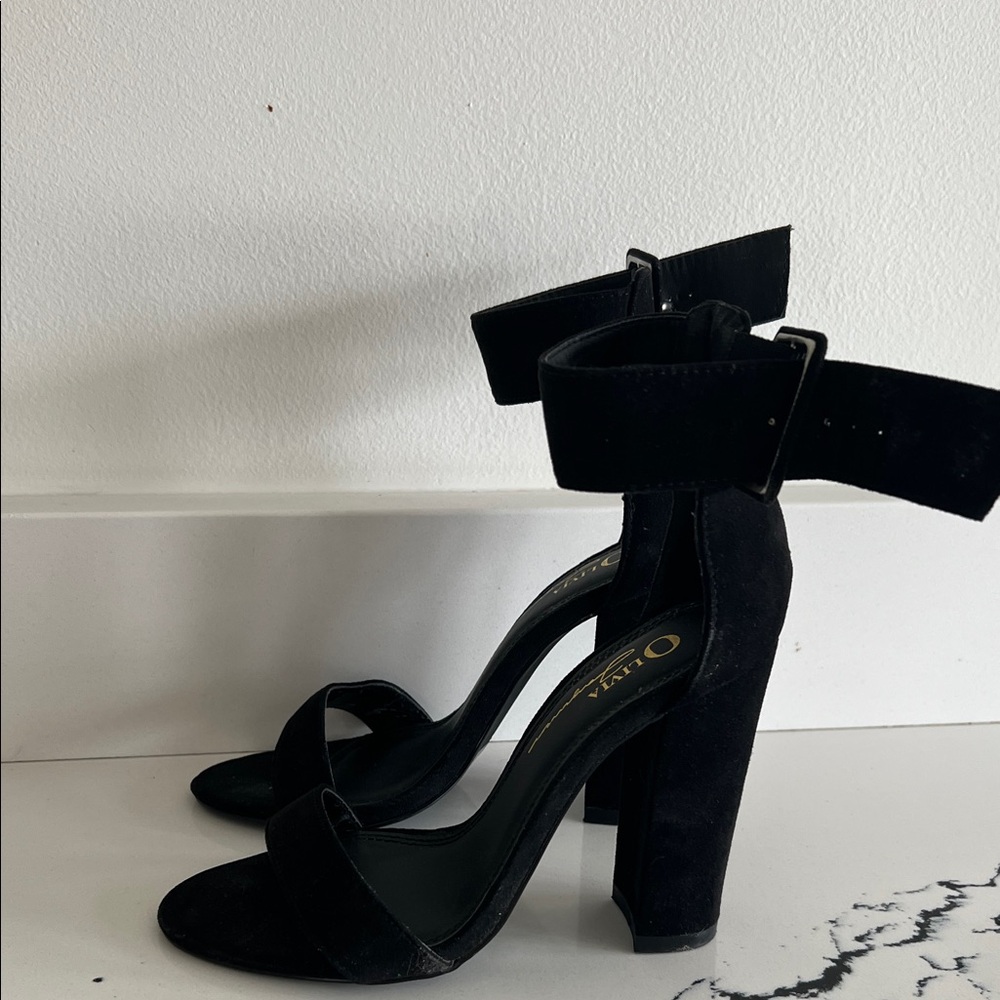 Olivia Miller Black Suede Ankle-Strap Block Heels